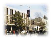 爆弾騒ぎの学内で、大勢の人だかりと警官です